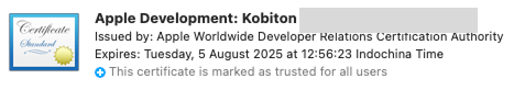 The certificate is marked as trusted status of a signing certificate in System keychain
