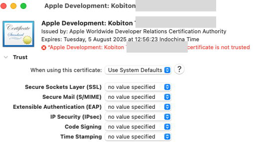 "The certificate details screen with the Trust section expanded and the When using this certificate option set to Use System Defaults
