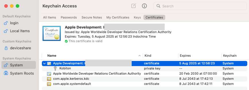 The certificate after being imported into the System keychain with the private key and the valid status