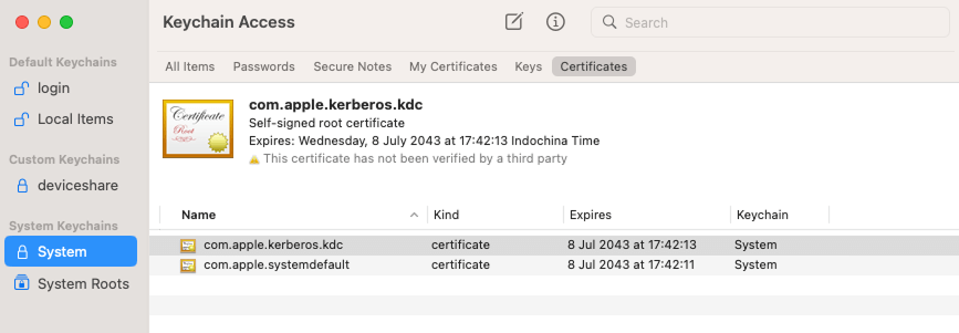 The Certificates screen under the System keychain in Keychain Access