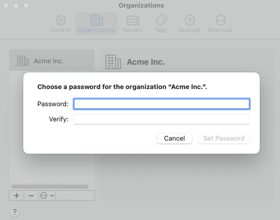 The password input and confirmation prompt to encrypt the exported organization