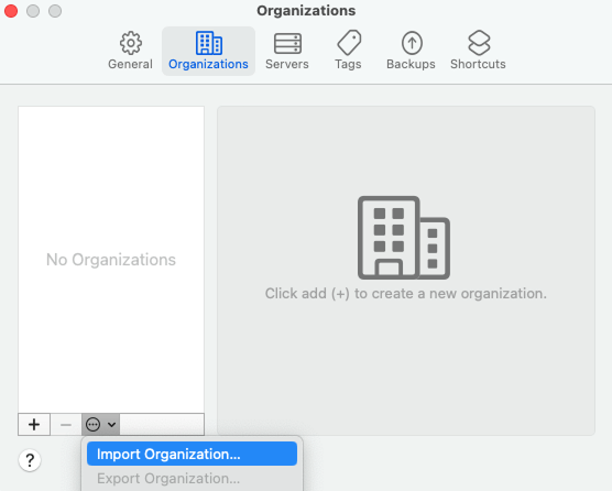 The Import Organization option after selecting the 3-dot icon