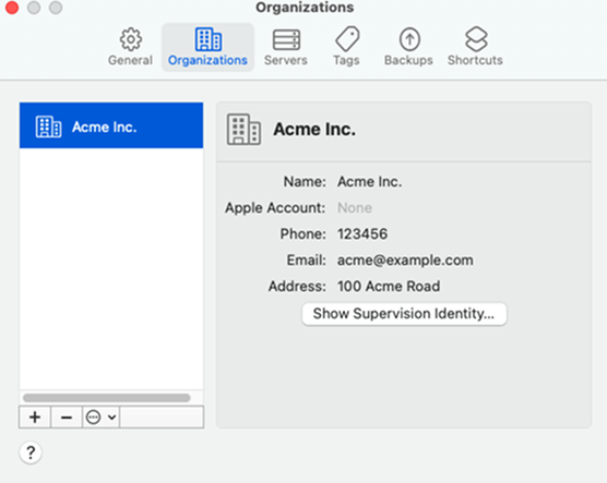The imported Acme Inc. organization in the list