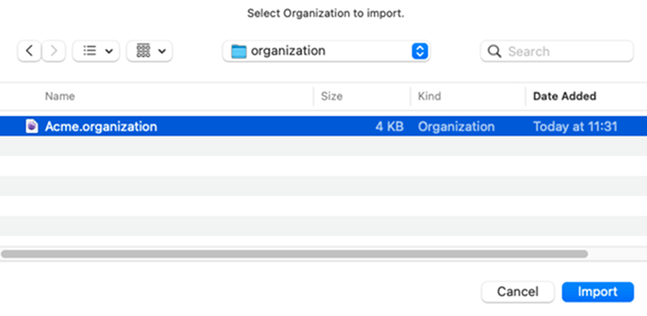 The Acme.organization file that is selected for import