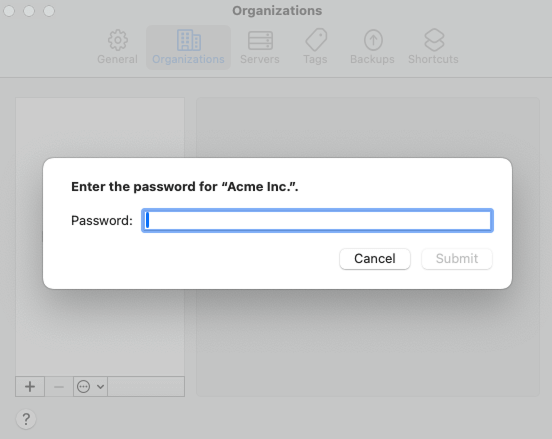 The password input field to decrypt the imported organization