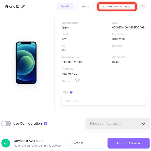  A context of Automation Settings section - Managing Device modal