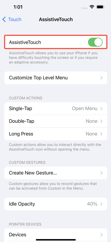 The Assistive touch toggle turned on in Assistive touch