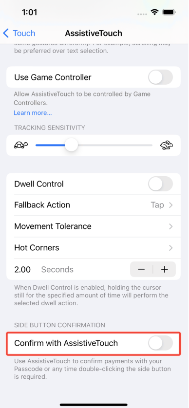 The Confirm with Assistive touch toggle in off state