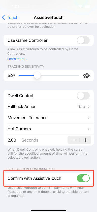 The Confirm with Asstive touch toggle turned on