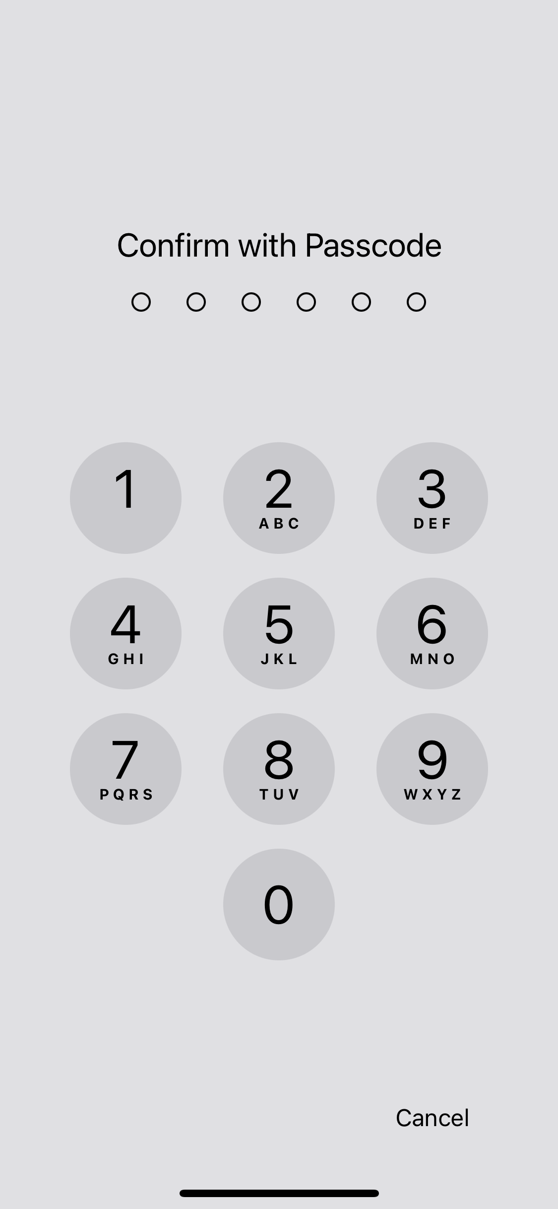 The passcode input screen