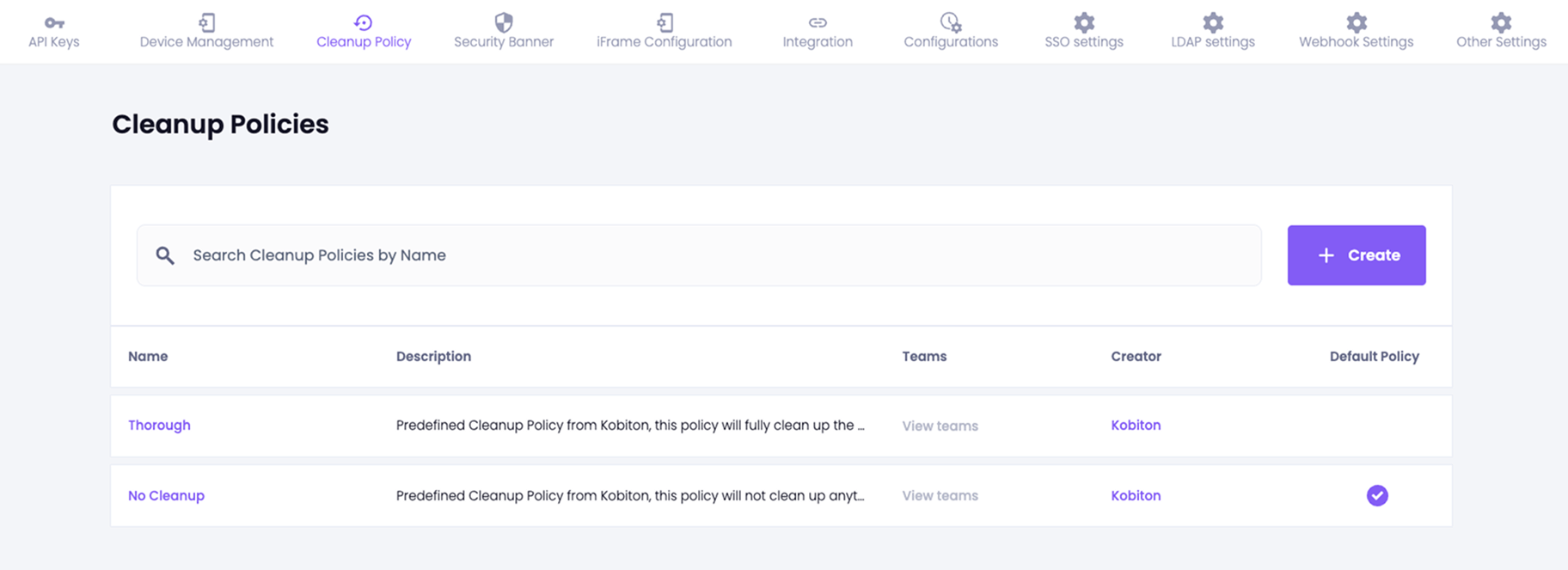 The Cleanup Policies list page