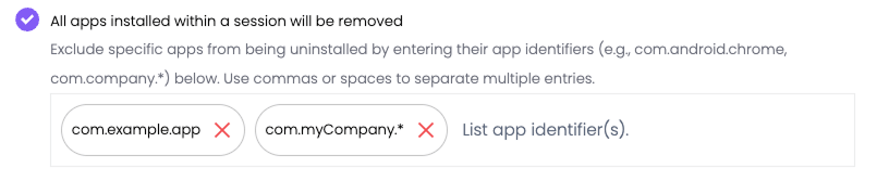The All apps installed within a session will be removed option with field to specify exempted apps