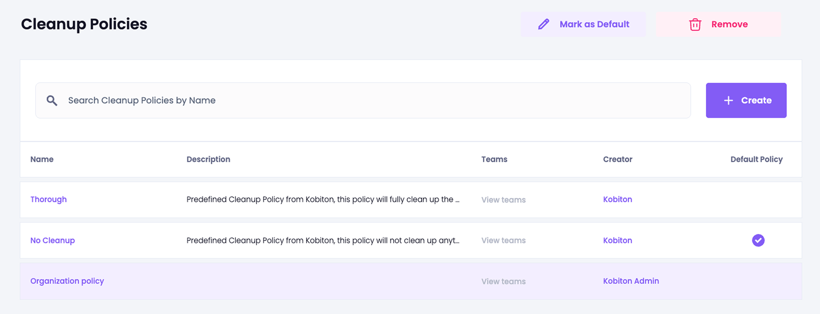 The selected cleanup policy with the Remove button