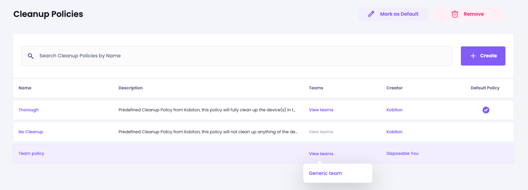 A cleanup policy selected with the View teams link and list of assigned teams