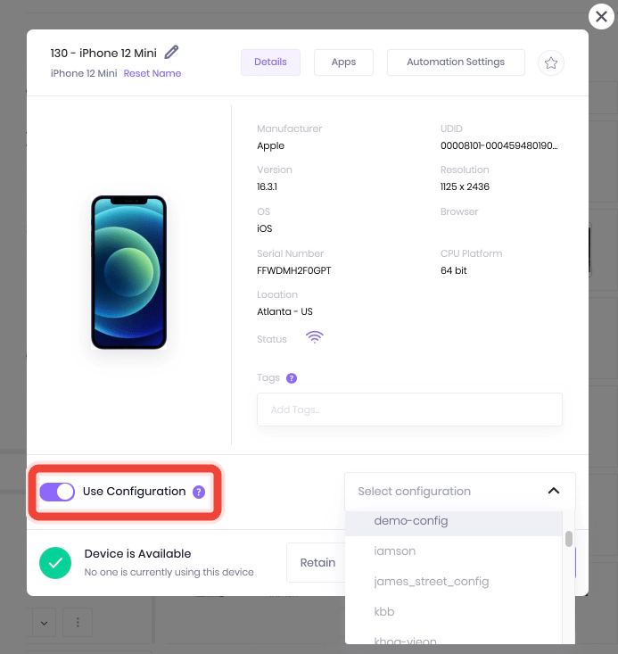  A context of Use Configuration section - Managing Device modal