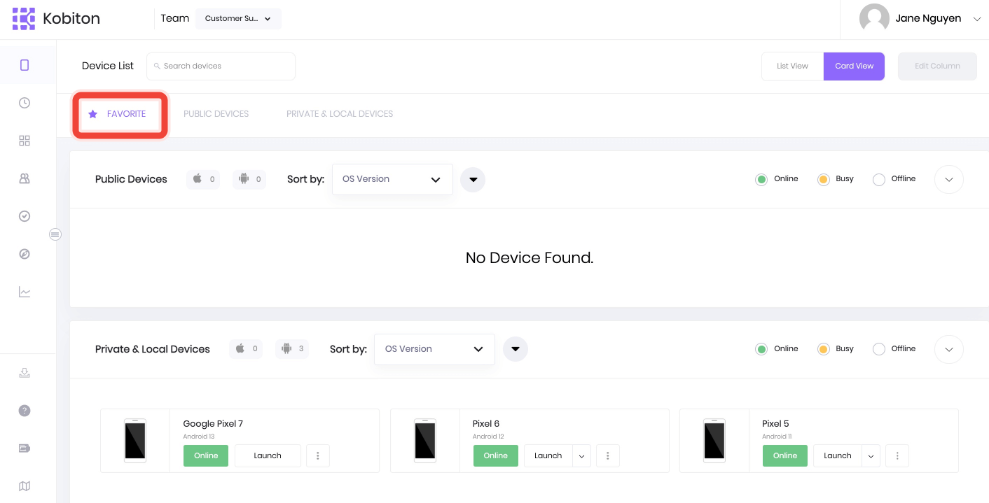 Display Favorite devices
