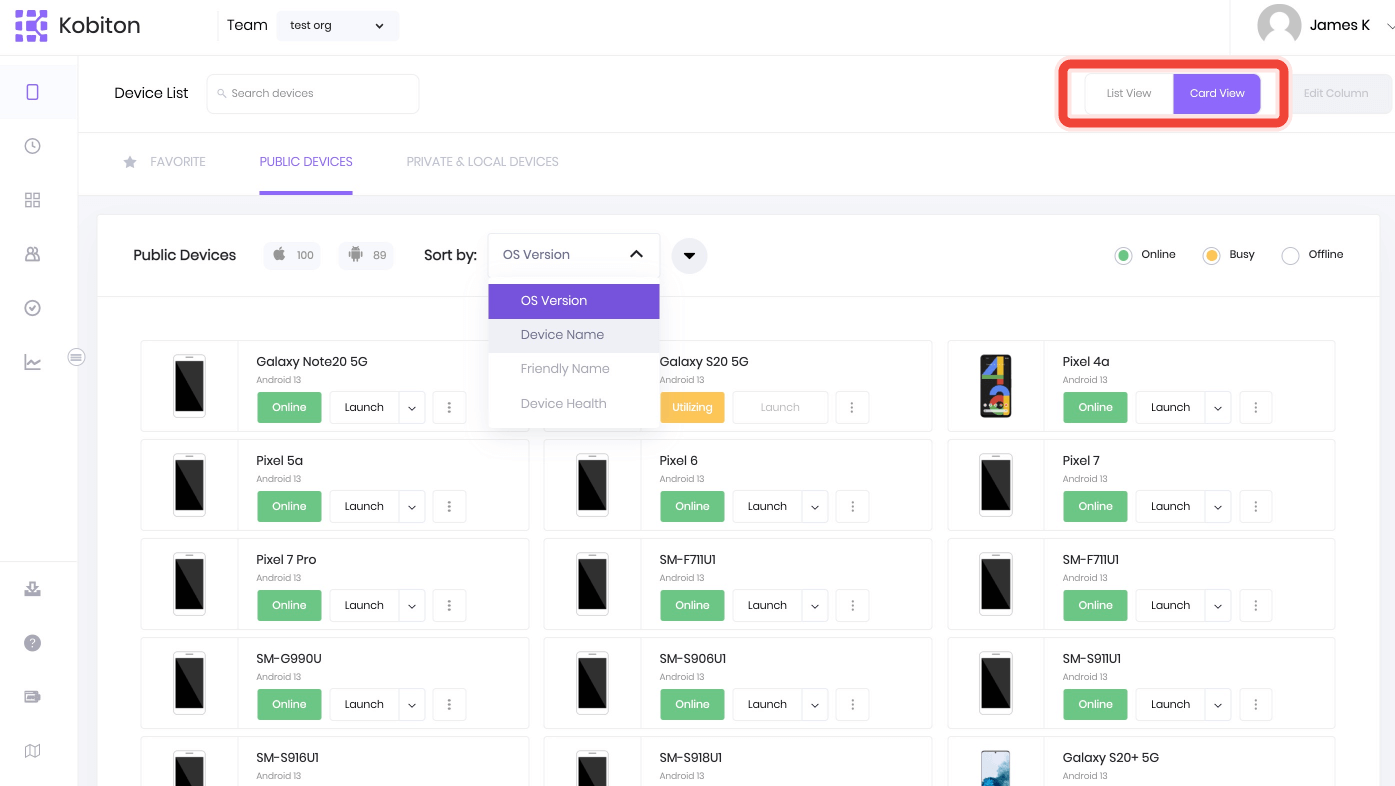 Select the Sort by dropdown in the Card view to search a device
