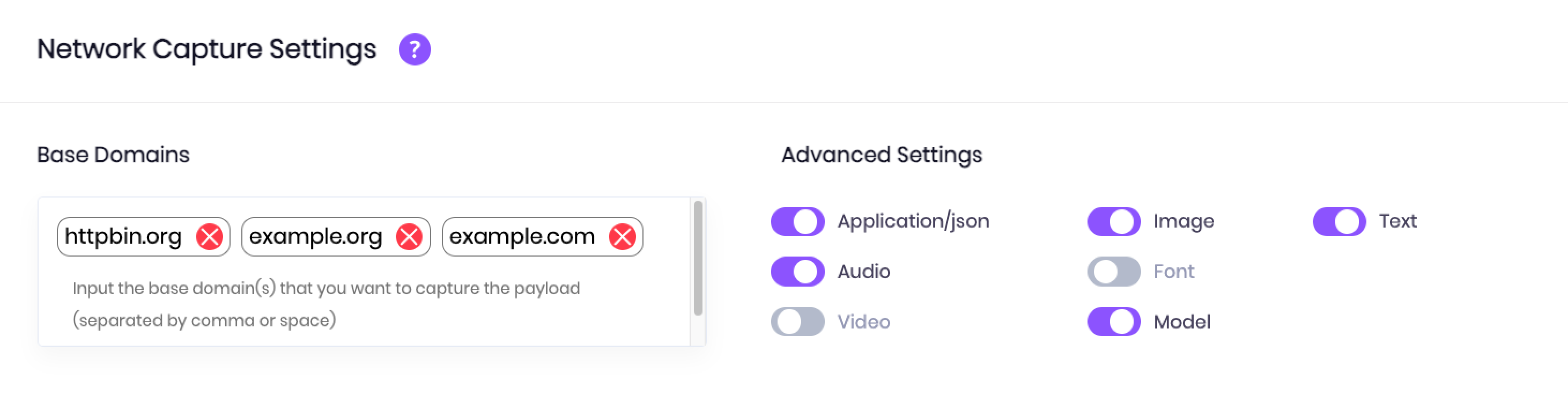 Enter base domains to capture and select MIME types