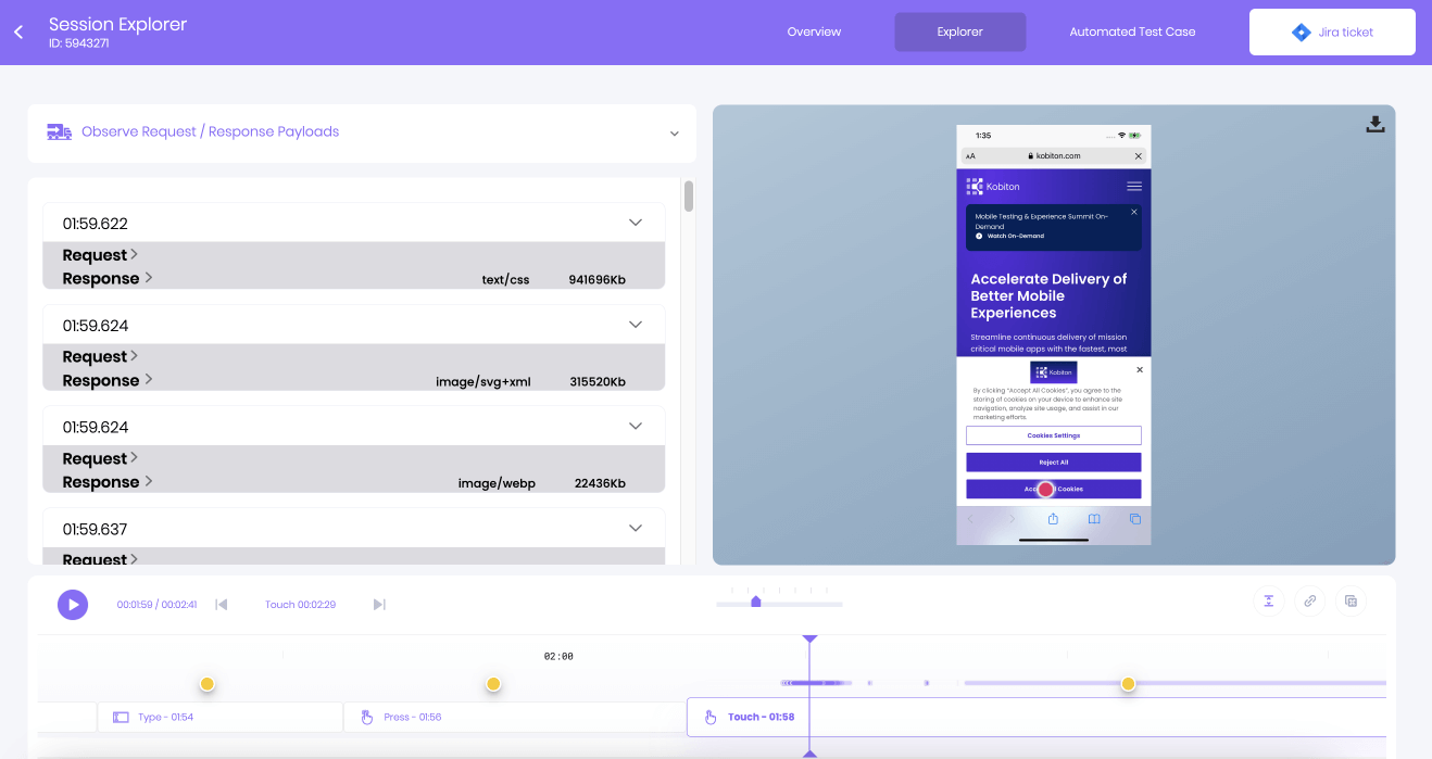 A display of Network Payload Capture in Session Explorer after a manual session