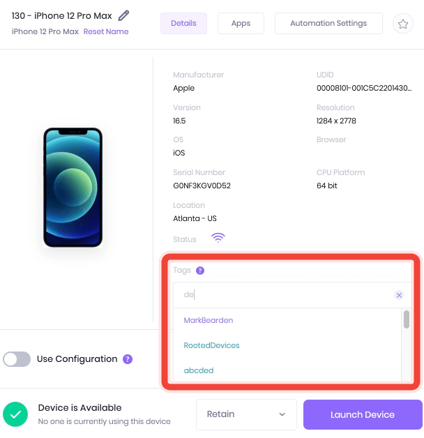 A context of tag section- Manage Device modal