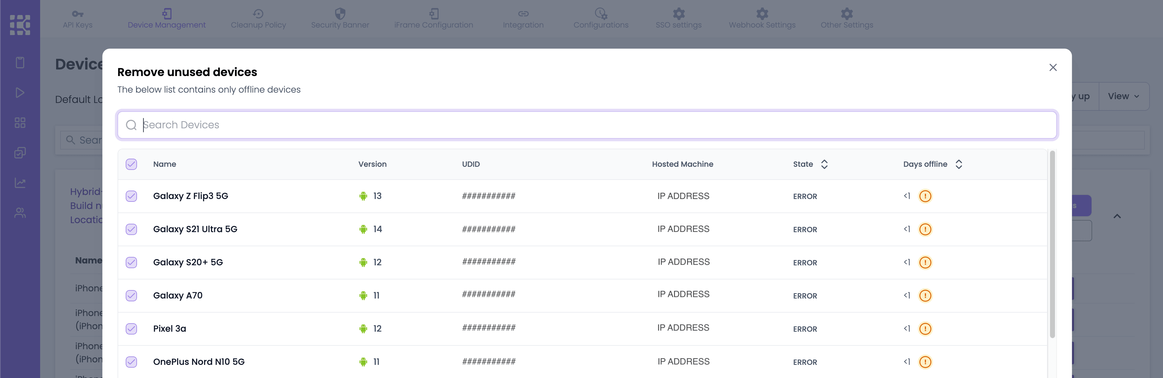 The Remove unused devices window in Device Management