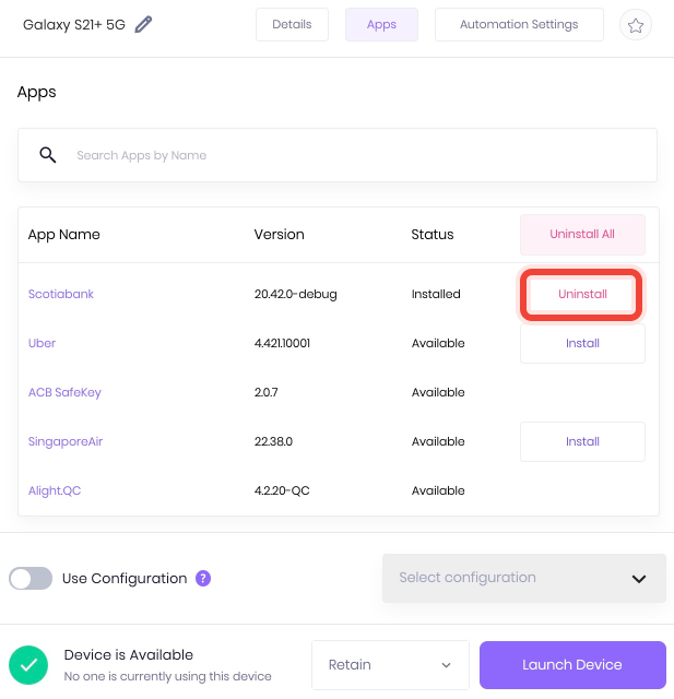 Uninstall an app with one version