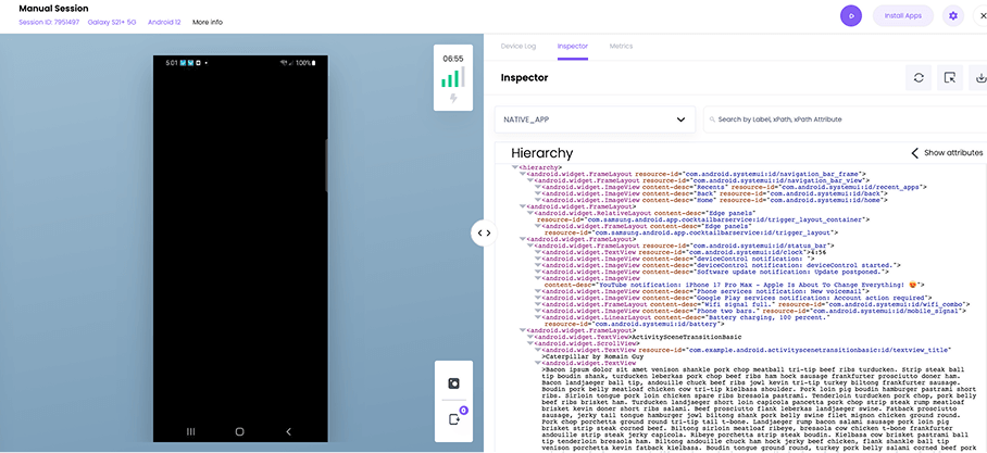 Android manual session screen shows a black device screen likely caused by FLAG_SECURE, with inspector hierarchy visible.