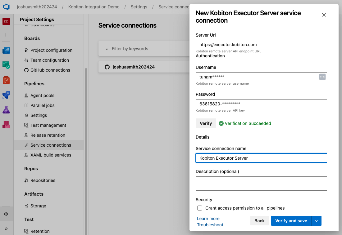 Enter username and password for Kobiton Executor Server connection then select Verify and save