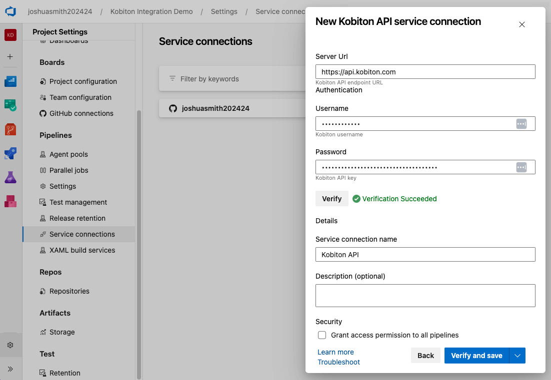 Enter username and password for Kobiton API connection then select Verify and save