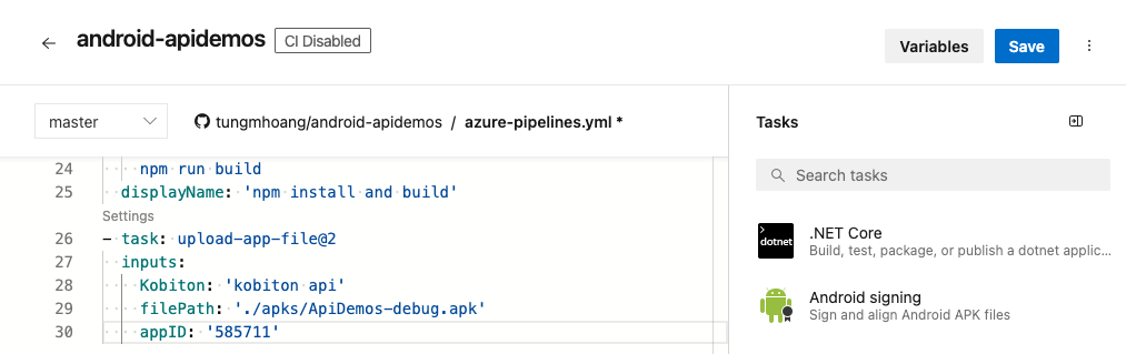 Verify the task is added to the correction location in YAML file and select Save