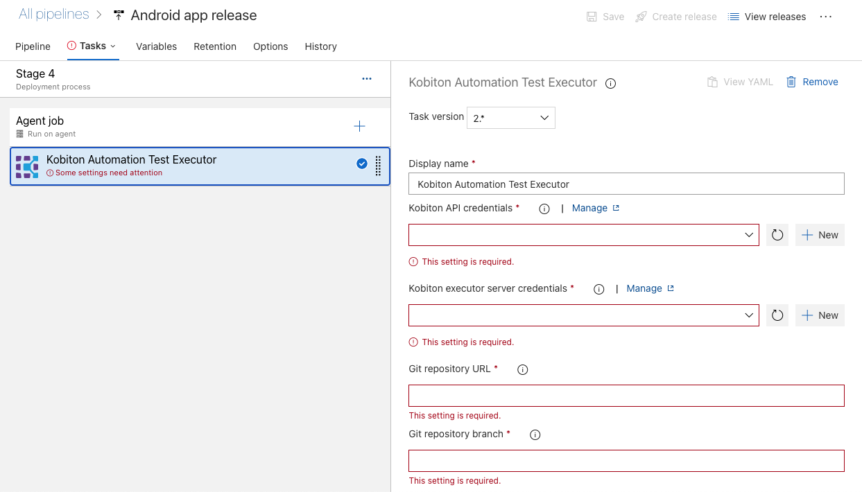 The Kobiton Automation Test Executor details screen