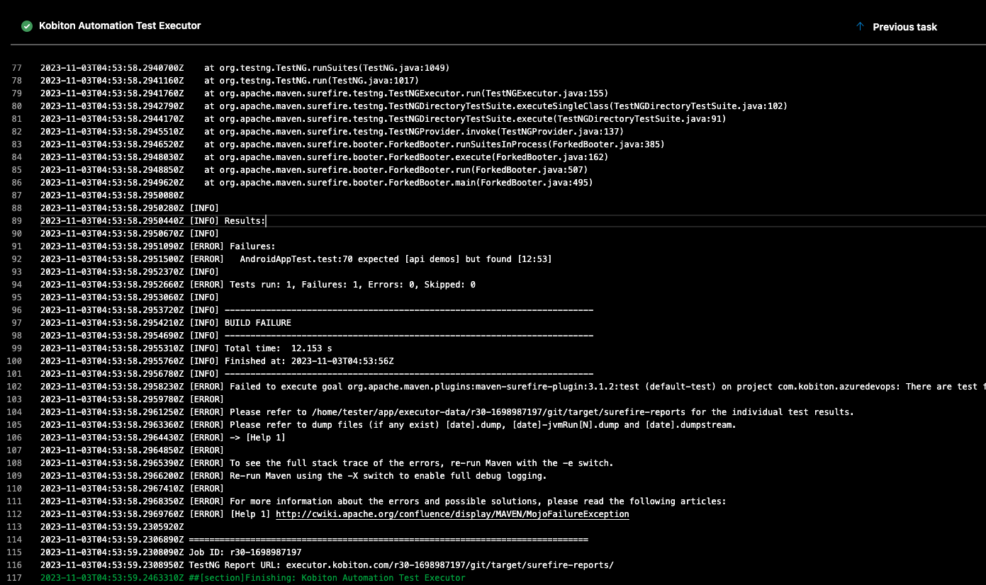 Wait for the deployment to complete then view the logs of Kobiton Automation Test Executor