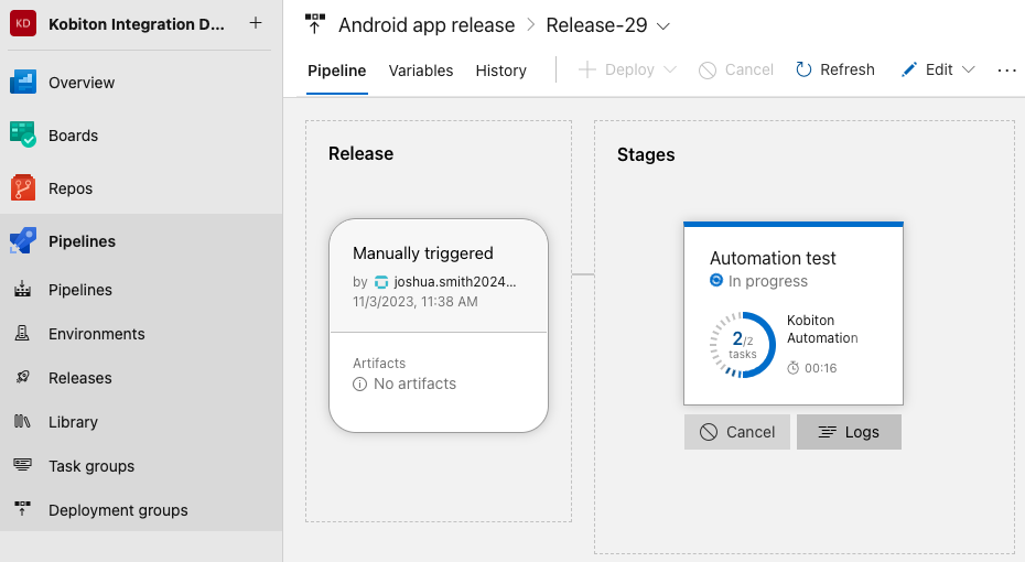 Highlight the deployment in progress and select Logs