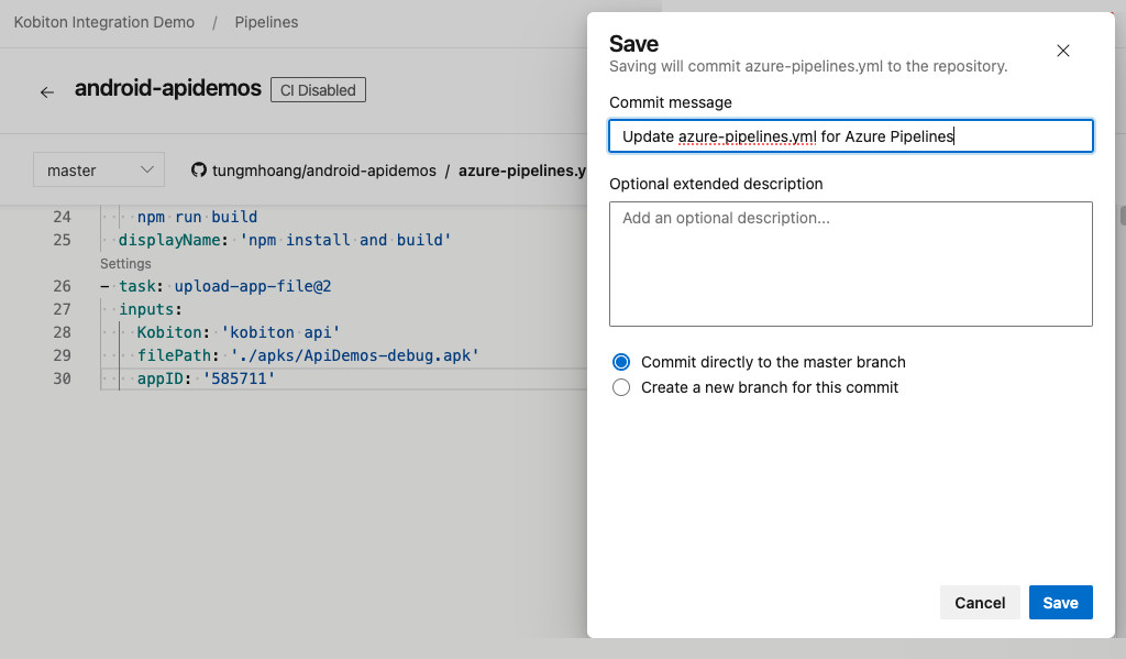 Choose to commit to default branch or a new branch then Save