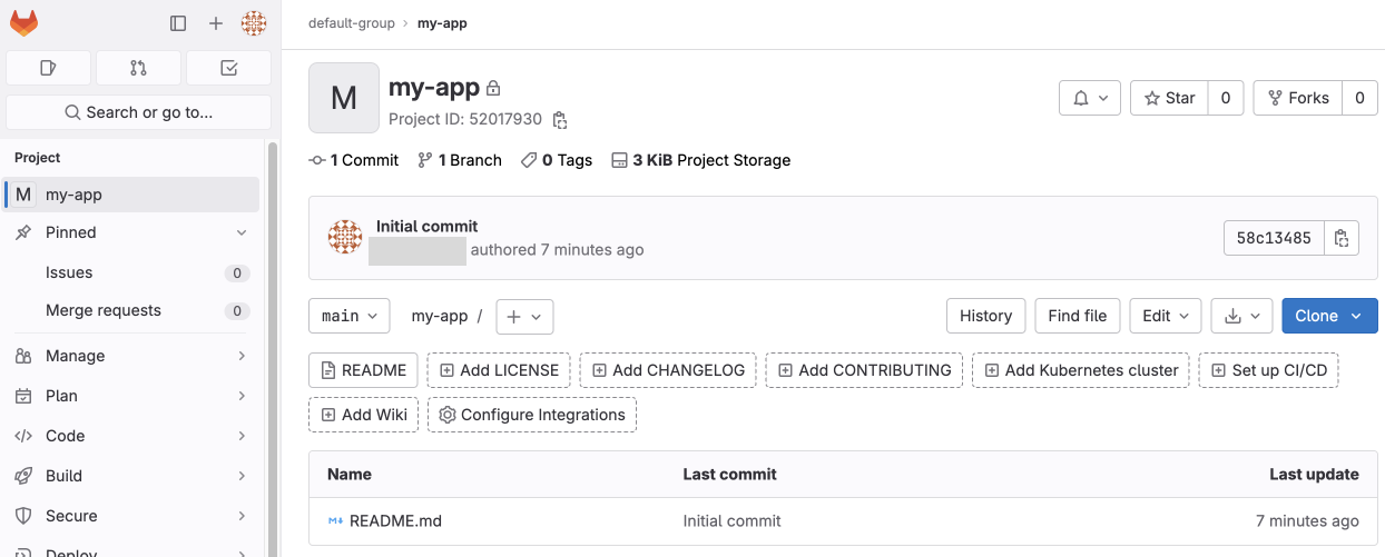 The home page of your new repository in GitLab