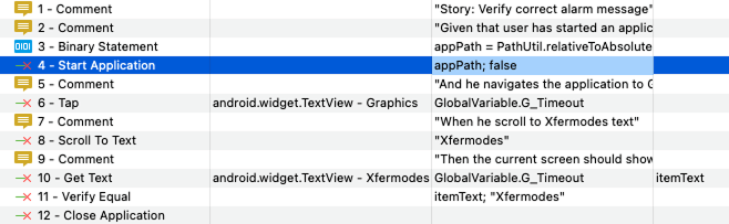 The default value of the Start Application step in the test case before editing.