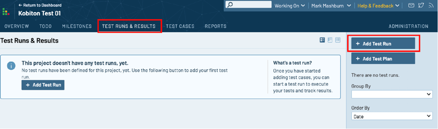 Select Test Runs & Results, then +Add Test Run