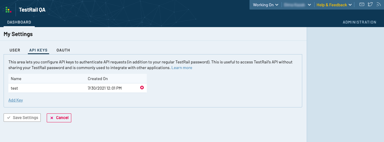Select API keys, select Add Key