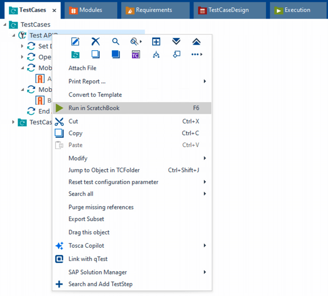 Tosca context menu showing 'Run in ScratchBook' option highlighted for test execution.