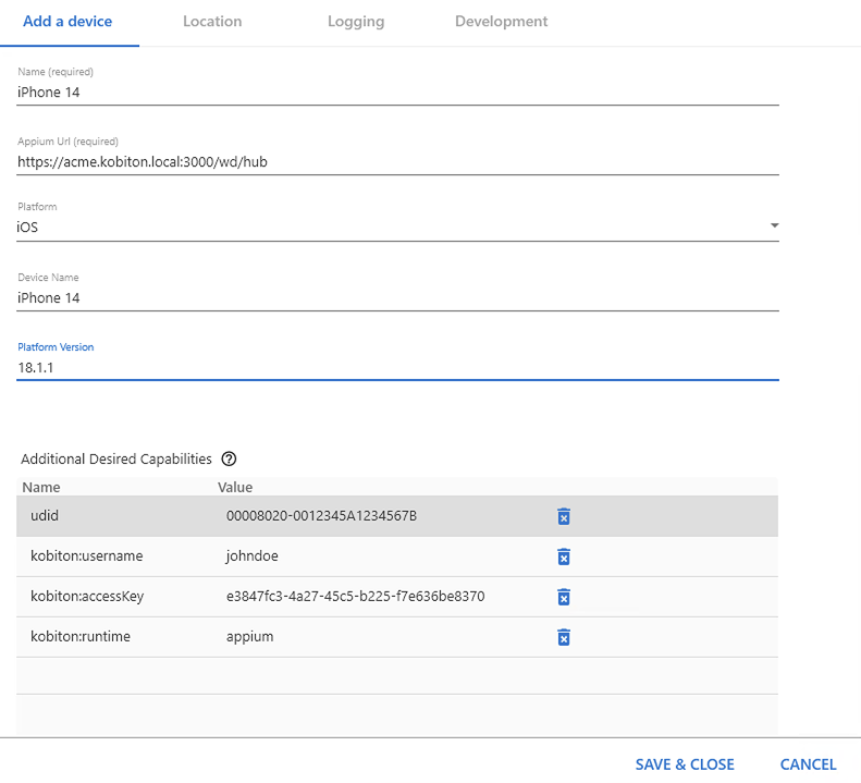 UiPath add device window open showing configuration options.