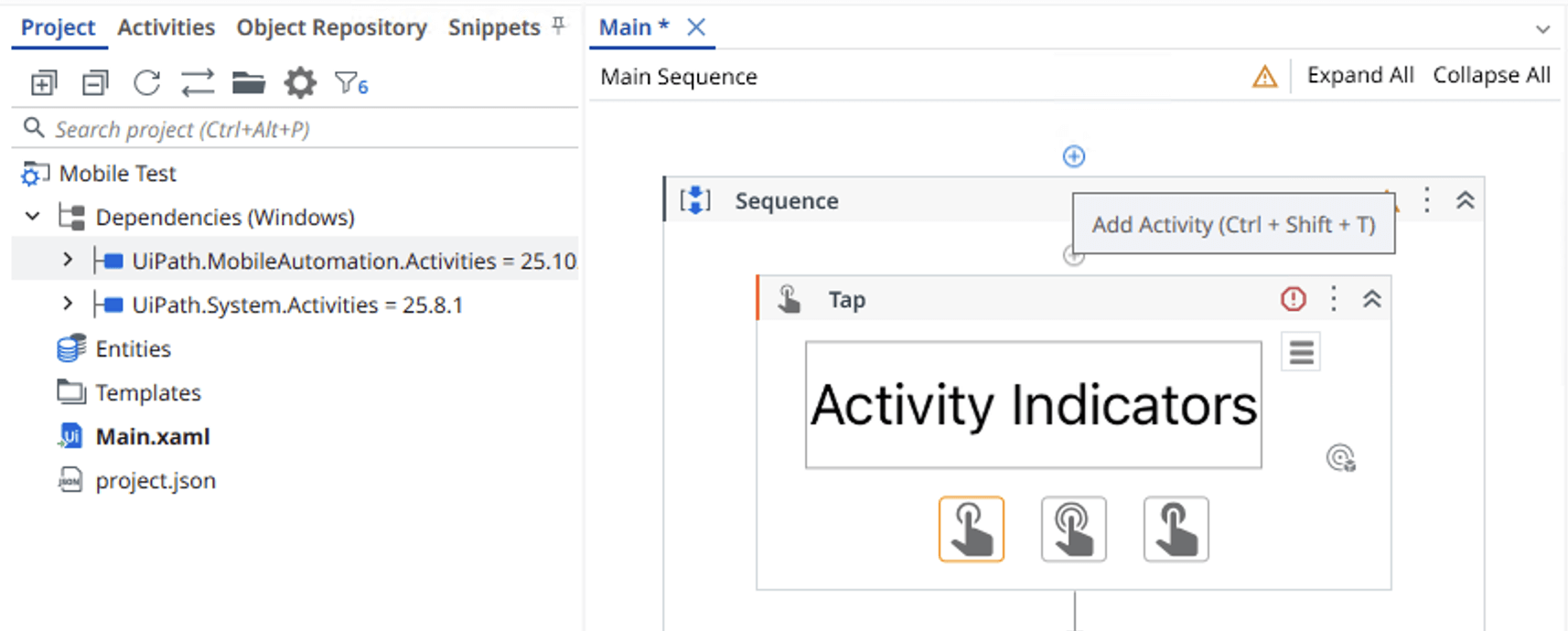 Shows where to click to add a new activity.