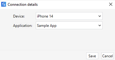 Connection details displaying names of sample device and sample app.