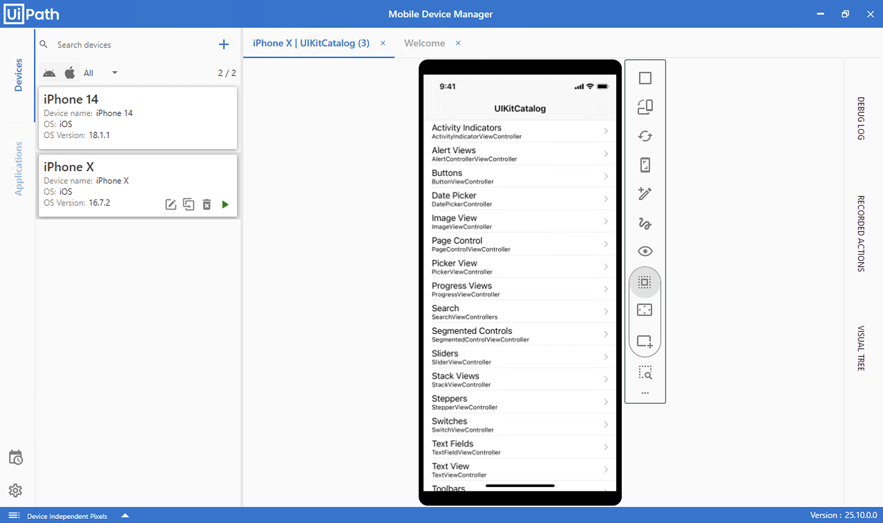 UiPath mobile device manager window open to device tab displaying an image of device with uikitcatalog open.
