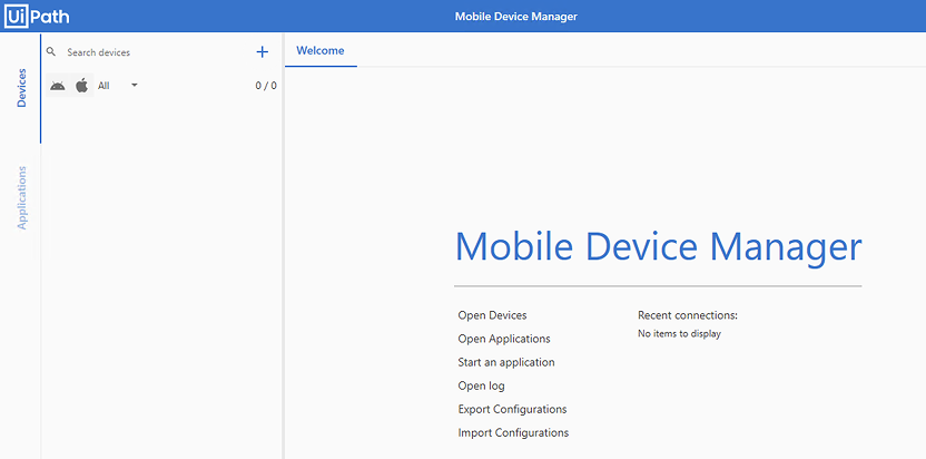 UiPath mobile device manager window open to devices screen.