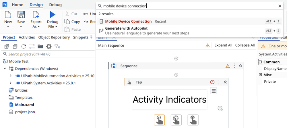 Displays search bar where mobile device connection is entered for search.
