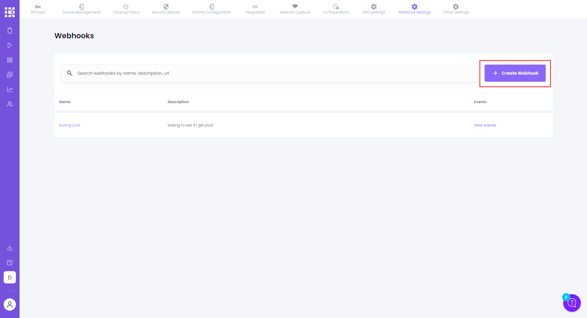 Button to create webhook