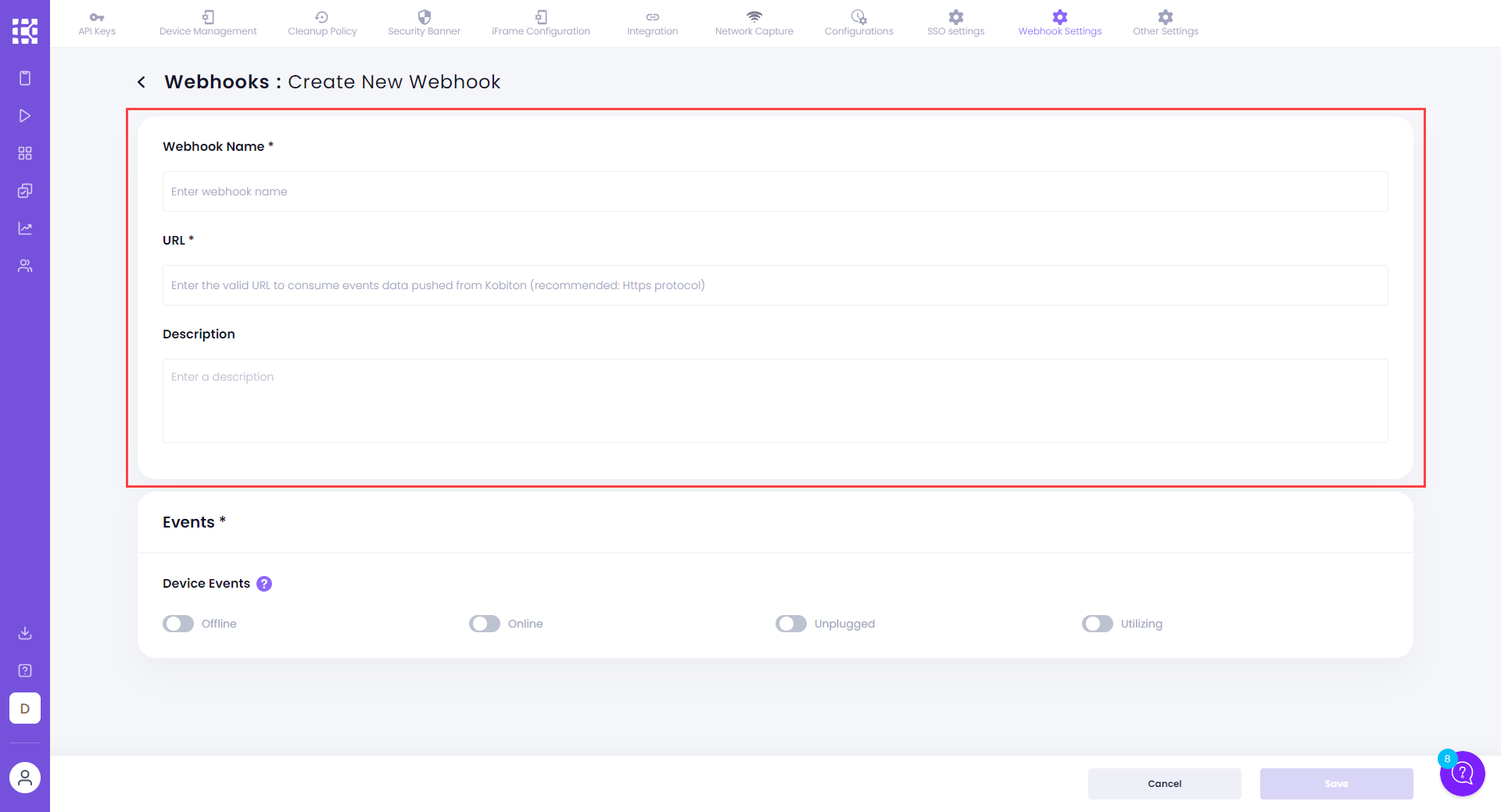 Page to create new webhook