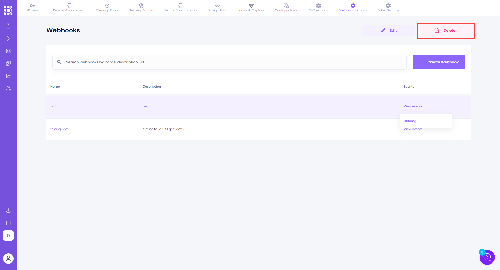 Button to delete webhook