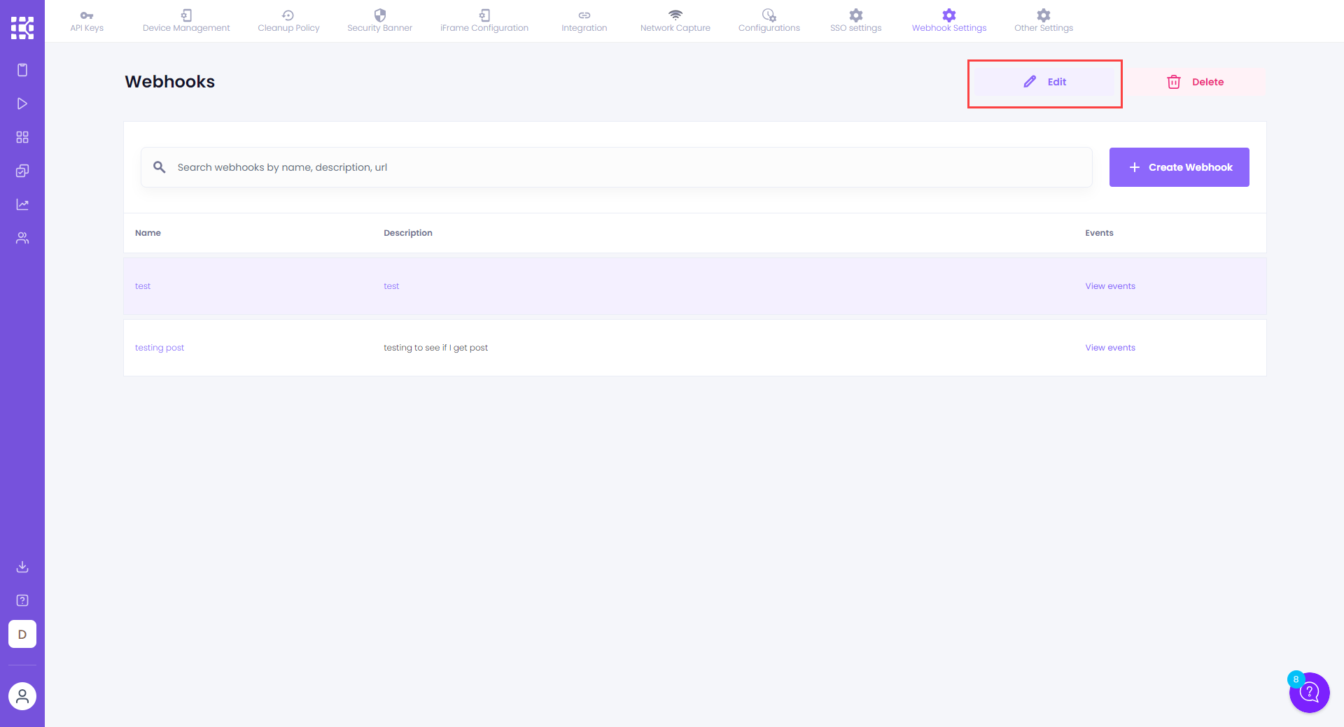 Button to edit webhook