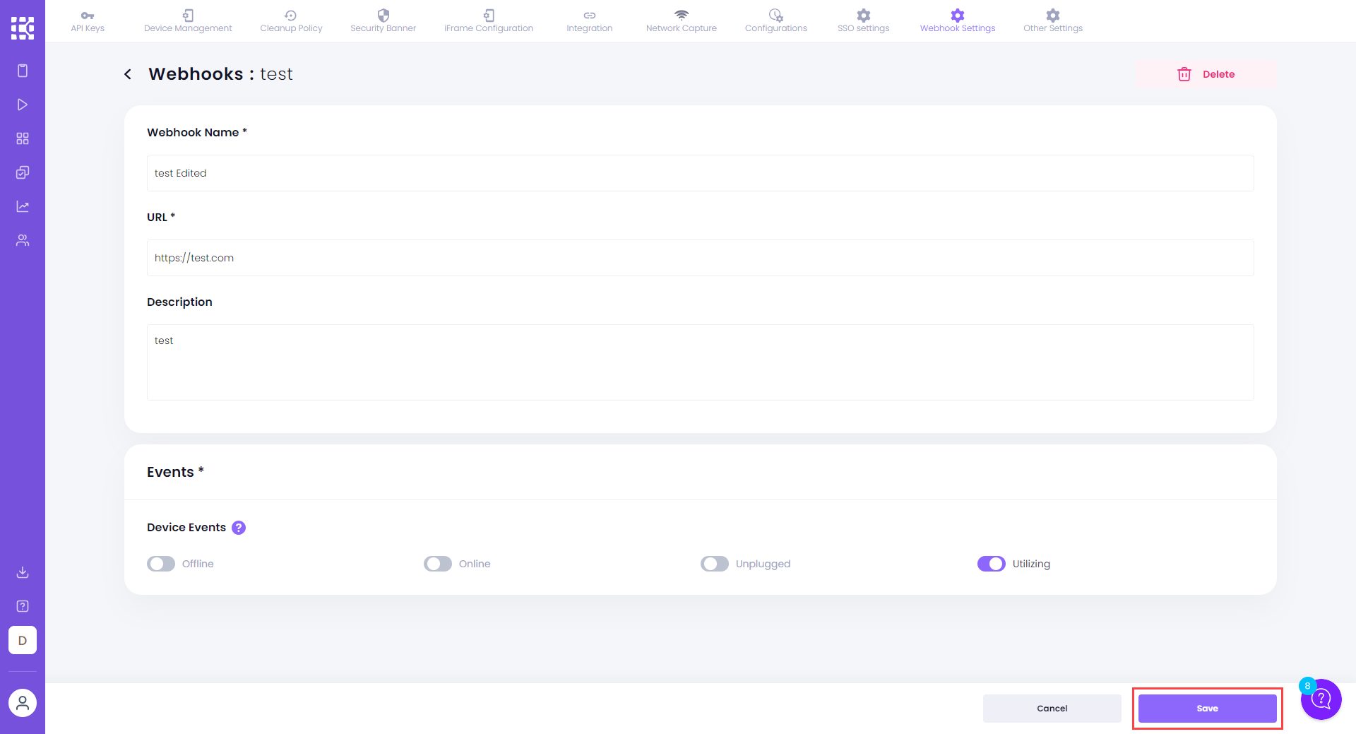 Button to save webhook